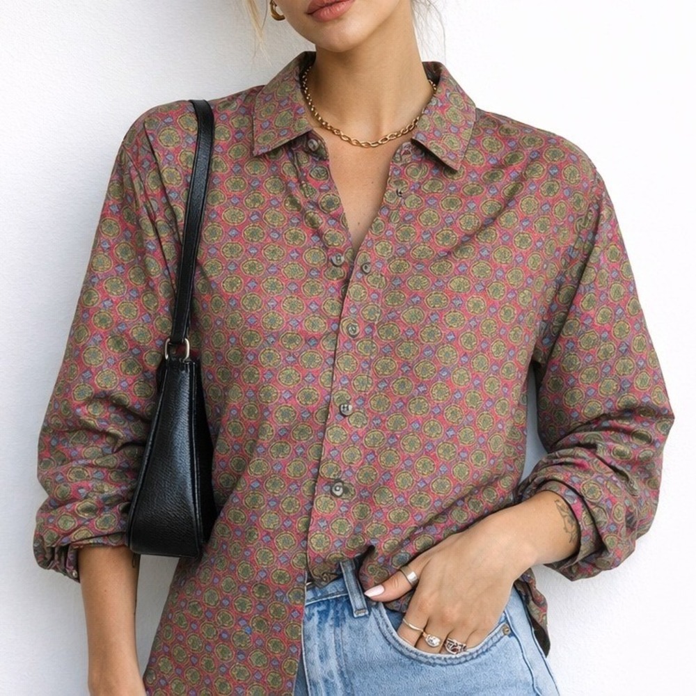 L.L.Bean Vintage Button Up Shirt Womens 8 Multicolor Cotton Boho 90s Print Retro
